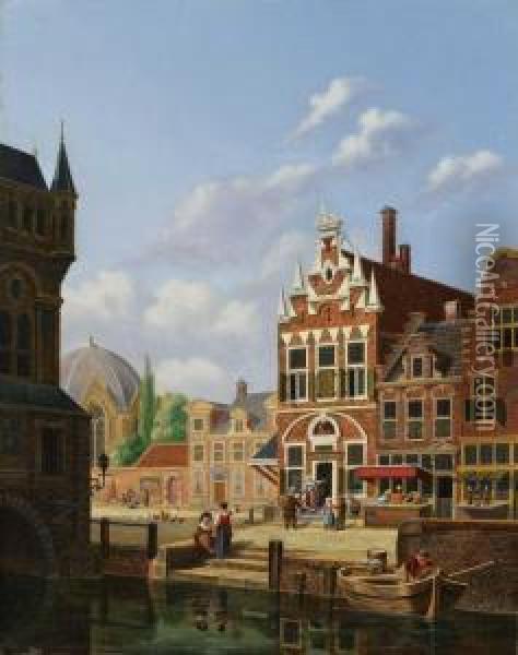 Ansicht Einer Hollandischen Stadt Mit Giebelhausern Und Einer Kuppelkirche Oil Painting - Jan Hendrik Verheijen