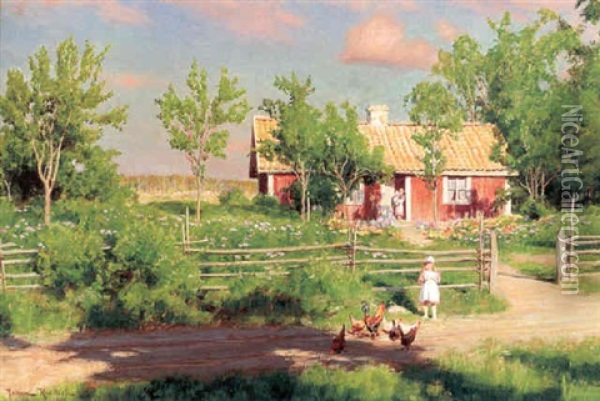 Sommartorpet - Landskap Med Barn Och Pickande Hons Oil Painting - Johan Fredrik Krouthen