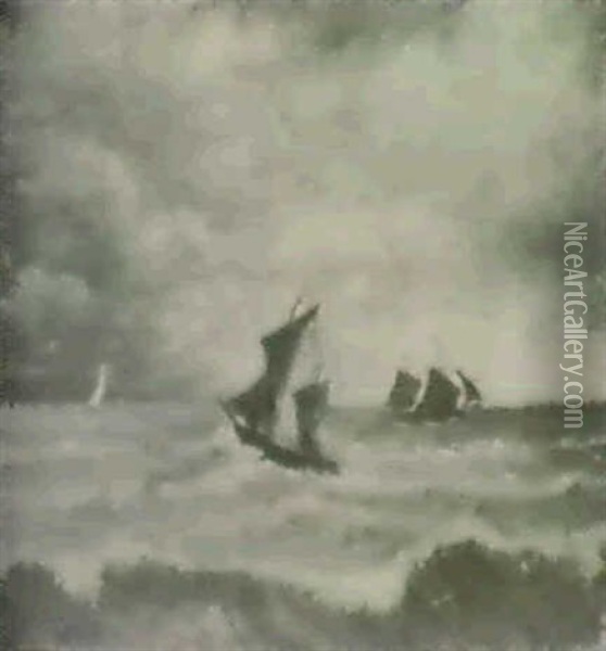 Sailing Vessels Under Cloudy Skies Oil Painting - Jules Dupre
