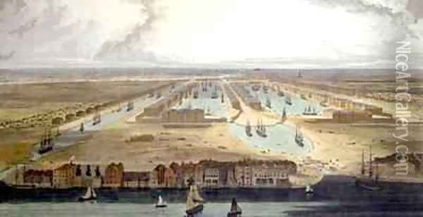 Elevated View of the New Dock and Warehouses Oil Painting - Thomas & William Daniell