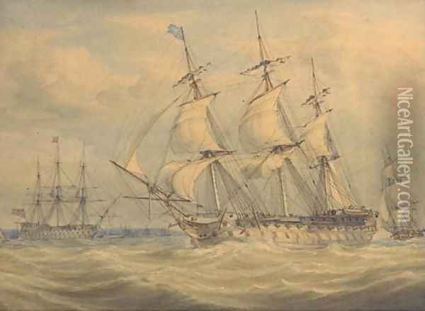 Men-o'war running past the anchorage Oil Painting - William Joy