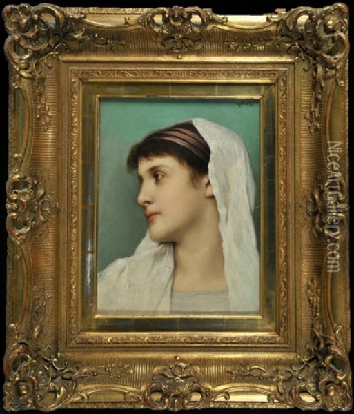Portrait Einer Dame Mit Weisem Schleiertuch Im Profil Oil Painting - Gabriel von Max