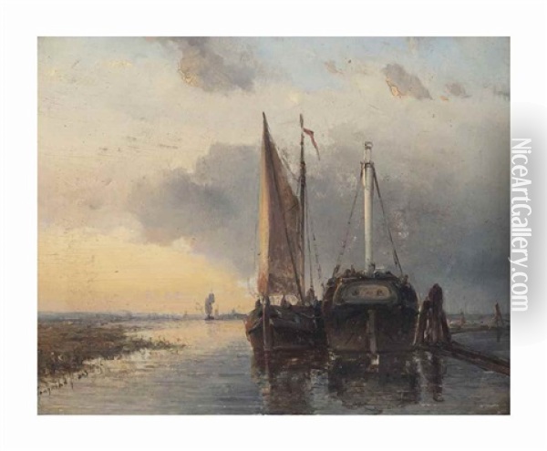 Moured Vessels At Sunset Oil Painting - Johan Barthold Jongkind