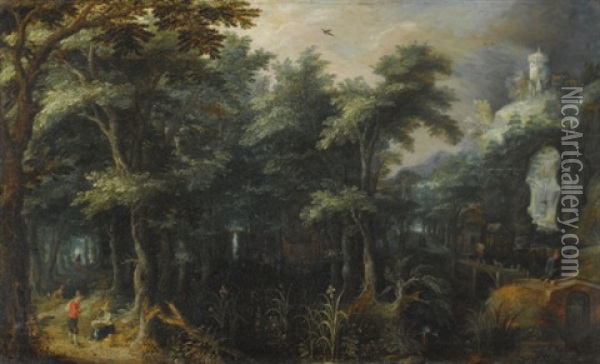 A Forest Landscape With A Watermill Beside A Mountain Torrent Oil Painting - Gillis Van Coninxloo III
