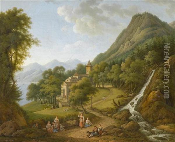 Midday Break At A Waterfall Oil Painting - Gabriel I Lory