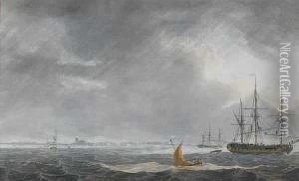 Shipping At Anchor In The Thames Estuary Oil Painting - Samuel Atkins