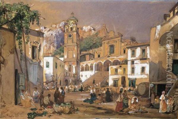 La Piazza Di Amalfi Oil Painting - Giacinto Gigante