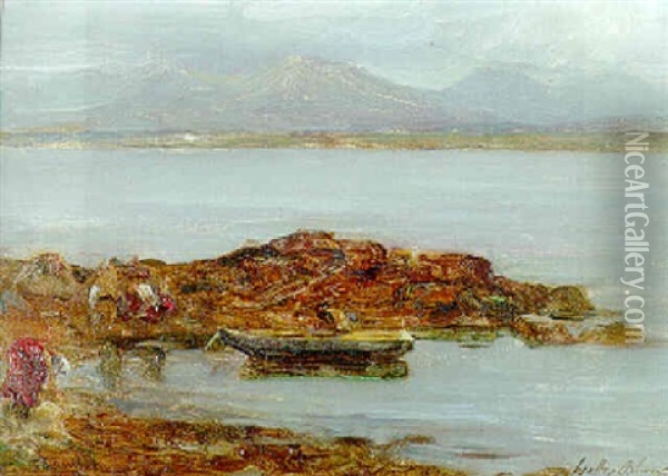 Connemara Landscape; Gathering Wrack, Galway Bay With The Twelve Pins In The Distance Oil Painting - Walter Frederick Osborne
