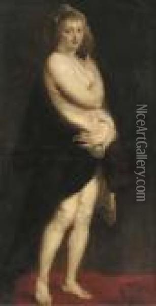 Het Pelskin; Portrait Of The Artist's Wife, Helen Fourment,full-length In A Fur Wrap Oil Painting - Peter Paul Rubens