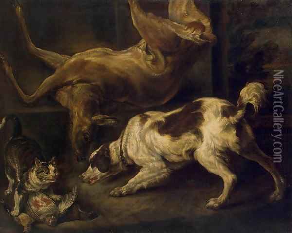 Deer, Dog and Cat Oil Painting - Charles Jervas