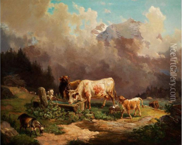 Vieh Im Hochgebirge An Der Tranke Oil Painting - Louis, Ludwig Reinhardt