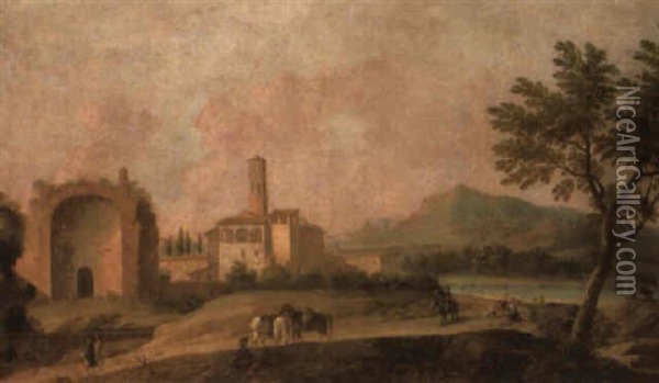 Italianate Landscape With Figures On A Road Beside The Temple Of Venus Oil Painting - Hendrick Frans van Lint
