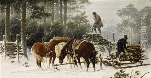 Holzfaller Im Wintersturm Oil Painting - Arthur Johann Severin Nikutovski