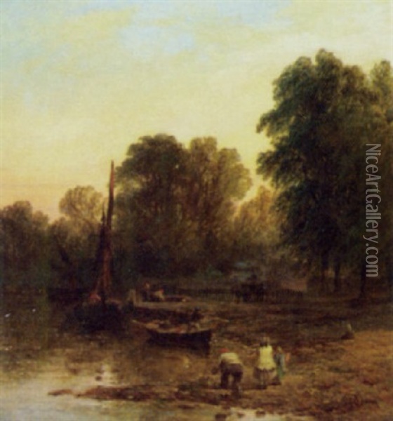 Shoreline Scene With Boats And Figures Oil Painting - Henry Dawson