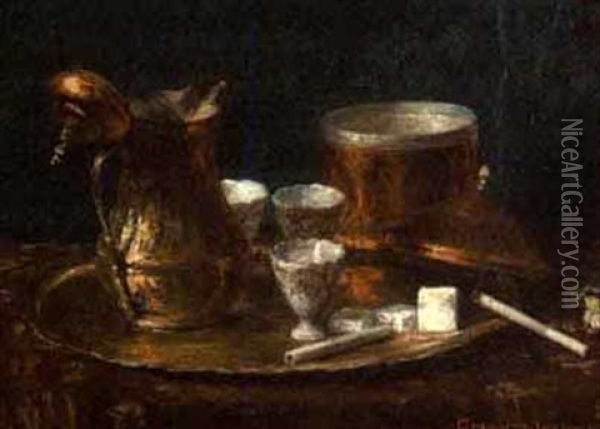 Still Life With Copper Tea Service And Burning Cigarette Oil Painting - Emerich Imre Greguss