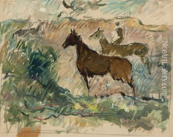 Two Horses With Figure Oil Painting - Lawrence Murphy