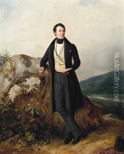 Portrait Of A Man, Full Length, In A Yellow Waistcoat And A Morning Coat, Holding A Book And A Pen, In A Mountainous Landscape Oil Painting - Pierre Duval-Lecamus