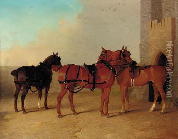 Saddled Horses In A Castle Yard Oil Painting - R. Harrington