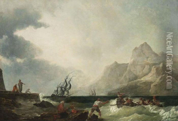 A Southern Harbour Scene With 
Shipping In Stormy Waters, Fishermen In A Rowing Boat And Other Figures 
On The Quay, Mountains Beyond Oil Painting - Claude-joseph Vernet