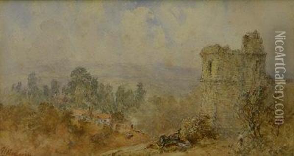 Ruined Tower With Cottages In The Distance Oil Painting - George Weatherill