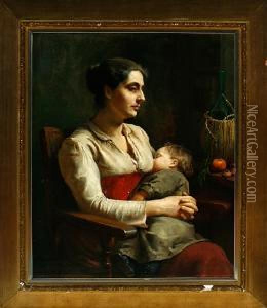 Italian Interior With A Mother And Her Sleeping Child Oil Painting - Ludovica Thornam