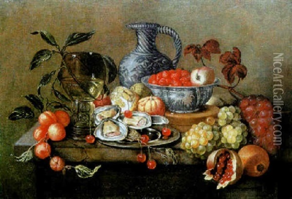 Nature Morte Aux Fruits, Plat D'huitres Et Rhomer Sur Un Entablement Oil Painting - Alexander Coosemans