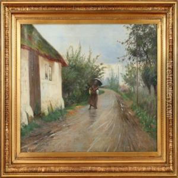 Carl Carlsen: Landscape With A Woman And A House. Signed Carl Carlsen 92 Oil Painting - Carl Christian E. Carlsen