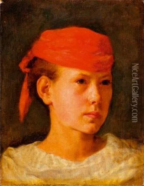 Portrait De Femme Au Foulard Rouge Oil Painting - Charles Josua Chaplin