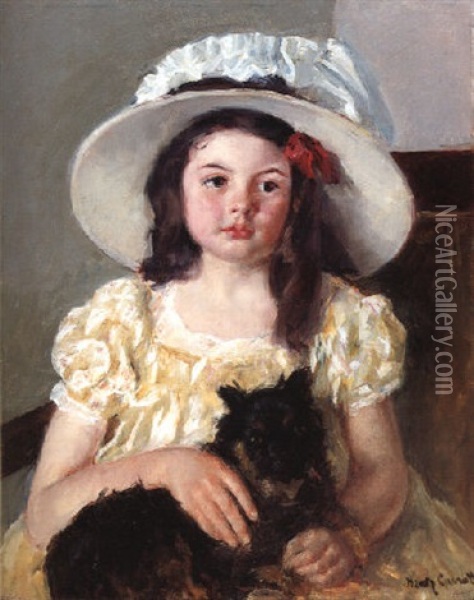 Francoise Holding A Little Black Dog Oil Painting - Mary Cassatt