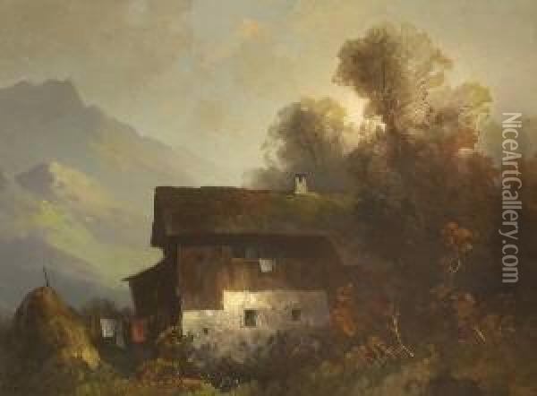 Bauernhaus In Herbstlicher
 Gebirgslandschaft. Oil Painting - Oskar Mulley