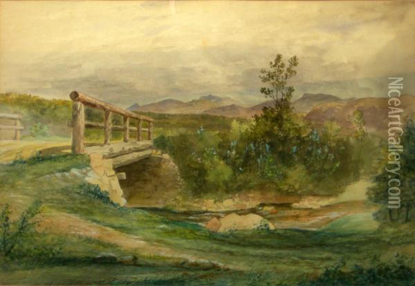 A View Of A Bridge With Hills In The Distance Oil Painting - James William Giles