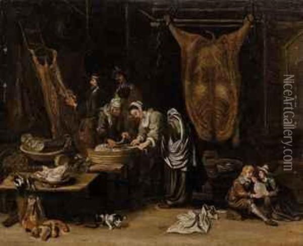 A Butcher's Interior Oil Painting - Hendrick Maertensz. Sorch (see Sorgh)