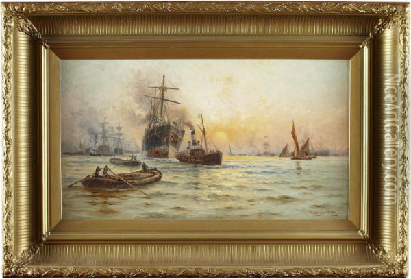 Shipping On The Thames At Sunset Oil Painting - Charles John de Lacy