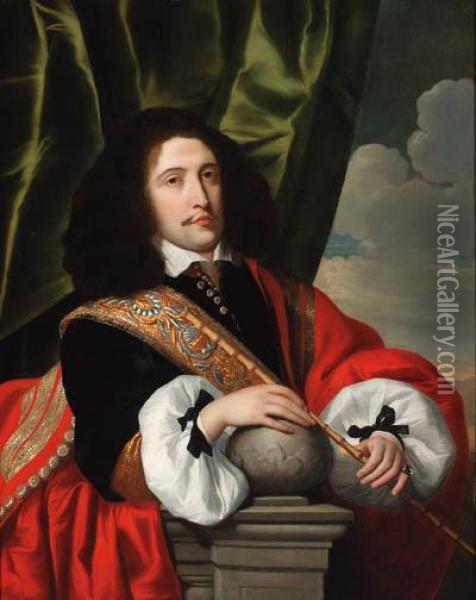 Portrait Of A Civic Guard, Three-quarter-length, In A Black Coatwith A Red Cloak, A Riding Whip In His Left Hand, Leaning On Aledge Oil Painting - Lodewyck Van Der Helst