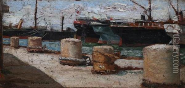 Ships At Dock Oil Painting - Mario Puccini