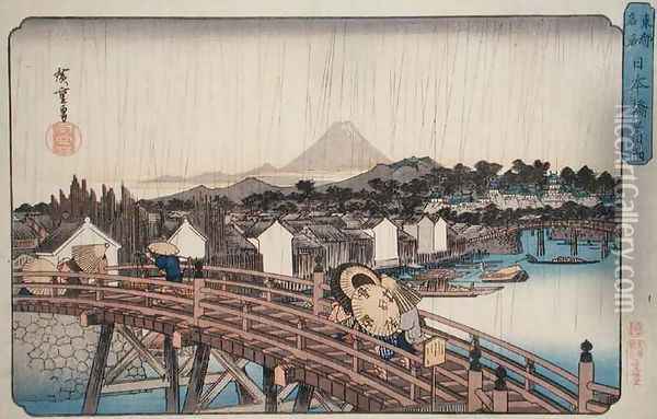 Evening Shower at Nihonbashi Bridge from Celebrated Places of the Eastern Capital Oil Painting - Utagawa or Ando Hiroshige