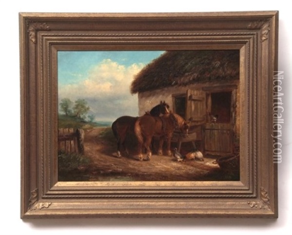 Horses And Chickens Before A Stable Door Oil Painting - Thomas Smythe