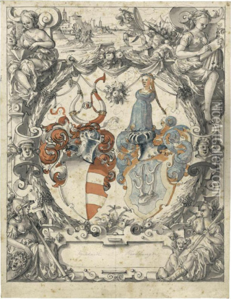 The Gebhart And Rechburger Arms With Four Allegorical Figures Andhoratius Cocles Above Oil Painting - Hans Jakob Plepp
