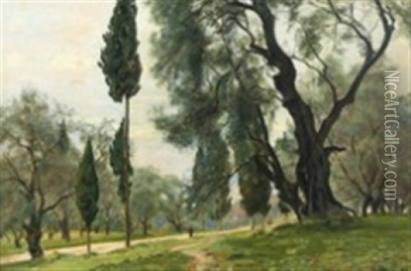 Scenery From A Park With Large Oak Trees Oil Painting - Christian Peder Morch Zacho