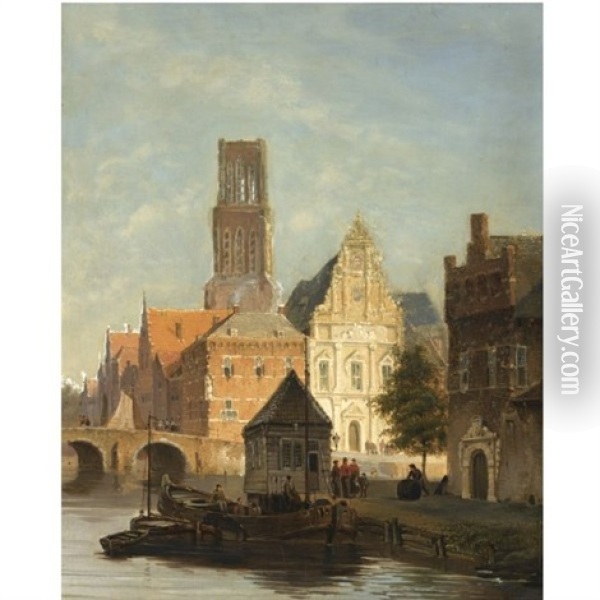 Figures On A Quay (ghent ?) Oil Painting - Lambertus Hardenberg