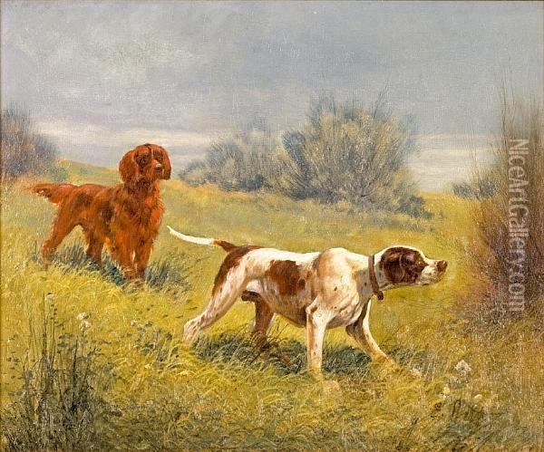 A Pointer And An Irish Setter In A Field Oil Painting - Eugene Petit