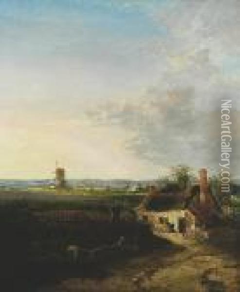 Extensive Landscape With Cottages And Windmill Oil Painting - John Berney Crome