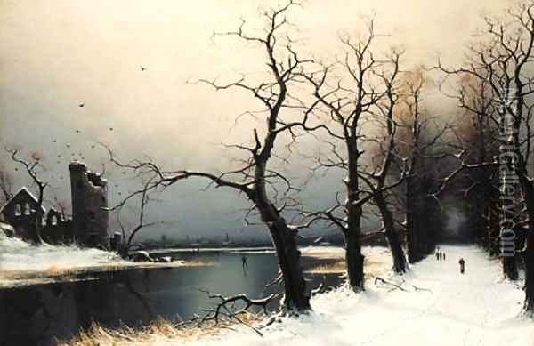 Figures on a snow covered track in a wooded river landscape Oil Painting - Nils Hans Christiansen