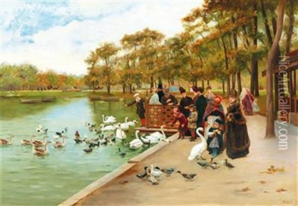By The Large Pond In The Bois De Boulogne In Paris Oil Painting - Jules Scalbert