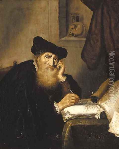 A scholar writing at a table Oil Painting - Salomon Koninck
