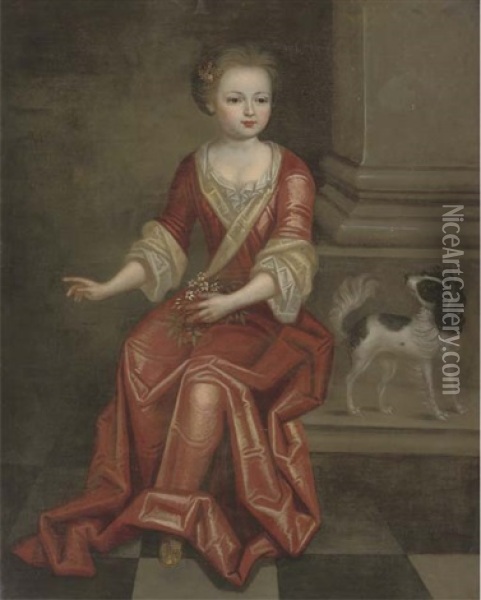 Portrait Of A Young Girl, Seated Full-length, In A Red Dress, By A Column, Holding A Sprig Of Jasmine In Her Left Hand, A Spaniel At Her Side Oil Painting - Pierre Mignard the Elder