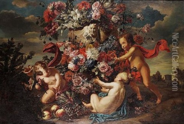 Putti Decorating A Carved Stone Urn With Flowers In A Landscape Oil Painting - Jan-Baptiste Bosschaert