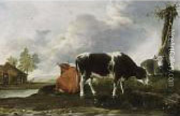 A Landscape With Cows Grazing In A Meadow, A View Of A Farmhouse Beyond Oil Painting - Anthonie Van Borssom