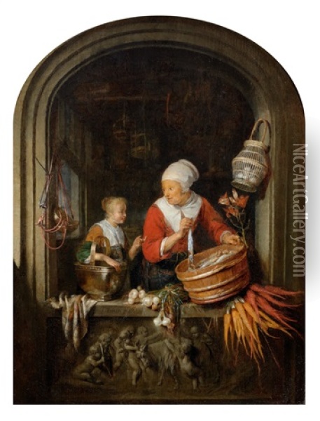The Herring Seller With A Young Woman Oil Painting - Gerrit Dou