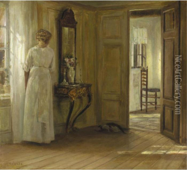 Interieur Med Kvinde Og Kat (interior With A Lady And A Cat) Oil Painting - Carl Vilhelm Holsoe